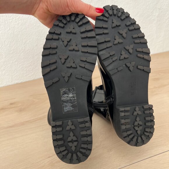 H&M Faux Patent Leather Lace Up & Zip Up Black Combat Boots Size 8 / 90s Grunge - Picture 5 of 12